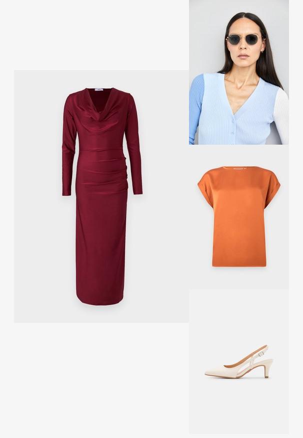 Roest-oranje blouse met korte mouwen, gemaakt van soepel materiaal, met een ronde halslijn en een losse pasvorm, voorzien van opgerolde mouwaccenten.; Bordeauxrode jurk met lange mouwen en een coltrui-halslijn, met geplooide details over het torso en een nauwsluitend silhouet. Soepele, rekbare stof.; Witte slingback hak met een spitse neus, glad bovenmateriaal, lage blokhak en een design met uitsparingen aan de zijkant, voorzien van een verstelbare gespsluiting.; Ronde zonnebrillen met donkere glazen en gouden montuur. Het model draagt een lichtblauwe, geribbelde cardigan met knopen en contrasterende witte mouwen.; Michael Kors polsbandje in beige gecoate canvas met een herhaald MK-logo patroon, gouden hardware en een afneembare kettingriem.