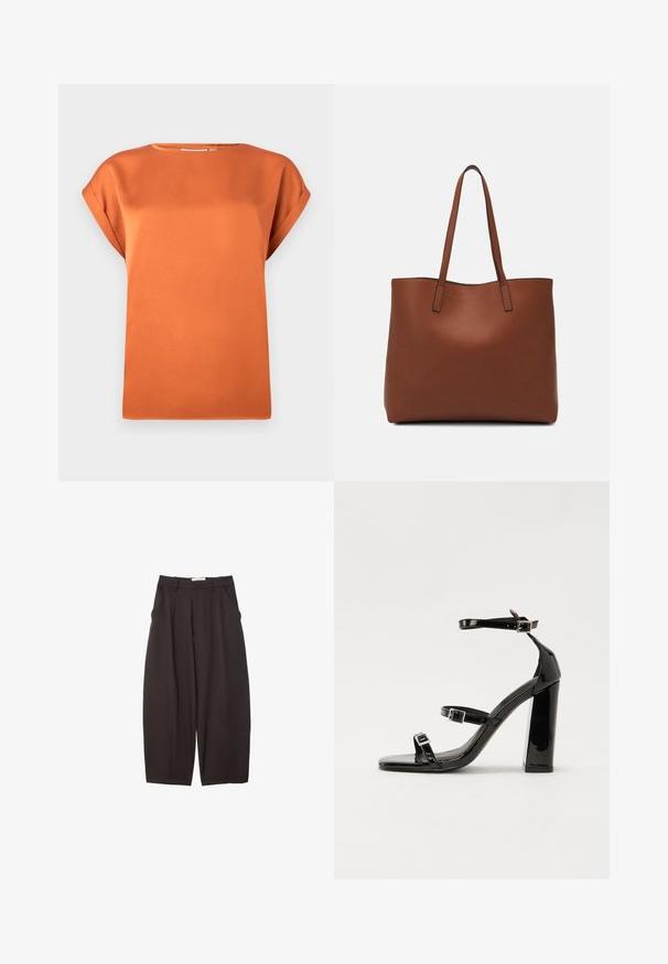 Blusa corta arancione ruggine a maniche corte realizzata in tessuto morbido, con scollatura rotonda e vestibilità ampia, caratterizzata da dettagli con risvolto.; Pantaloni neri a gamba larga realizzati in un tessuto morbido, con vita alta, pieghe frontali e tasche laterali. Design semplice senza decorazioni.; Sandali con tacco in vernice nera, con punta squadrata, cinturini alla caviglia e fibbie in argento. Presentano un tacco a blocco spesso per maggiore stabilità.; Borsa tote in pelle marrone con texture liscia, design con apertura superiore e due spallacci. Presenta cuciture minime e nessun hardware visibile.