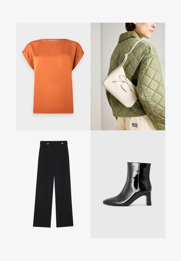 Rūsgani apakšveļa īsām piedurknēm, izgatavota no gludas auduma, ar noapaļotu kakla izgriezumu un brīvu piegriezumu, ar rullētām piedurknēm.; Melnas platās bikses ar augstu jostasvietu, pogu detaļām uz jostas un priekšējām krokām.; Melnas patentētas ādas potīšu zābaki ar norādītu pirkstu un vidēja augstuma kvadrātveida papēdi. Gluda tekstūra un minimālisma dizains.; Bēša ādas crossbody soma ar loku detaļu, zelta aparatūru un vienu regulējamu siksnu, vilkta pāri zaļai quilted jakai.