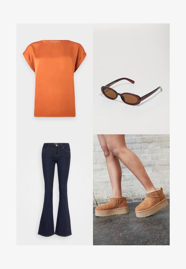 Blusa de manga curta laranja-oxidada feita de tecido suave, com decote redondo e corte solto, com detalhes de punhos dobrados.; Jeans flare em denim escuro com cintura ajustada, apresentando um fecho frontal por botão, design de cinco bolsos e detalhes de costura ao longo das pernas.; Botas de cano baixo em camurça castanha com um forro felpudo, sola de plataforma espessa em bege e puxador na parte de trás. Superfície texturizada com detalhes de costura visíveis.; Óculos de sol redondos, com uma tonalidade castanha e uma armação glossy em bordeaux. Braços finos com um detalhe discreto de marca. Design de lentes planas.