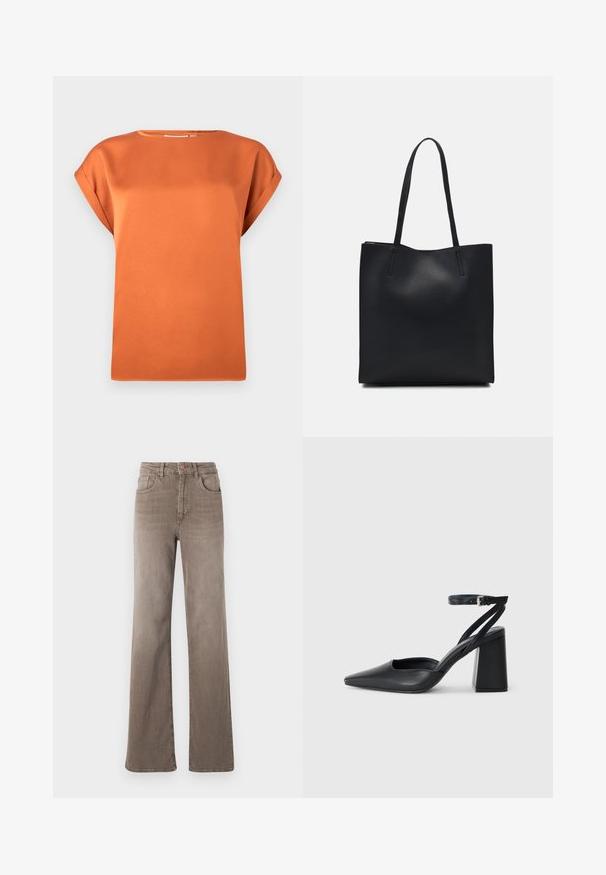 Rust-orange short-sleeve blouse made of smooth fabric, featuring a rounded neckline and loose fit, with rolled cuff accents.; Brown high-waist straight-leg jeans with front button, belt loops, and classic five-pocket design on a white background.; Black leather pointy-toe pump with an ankle strap and a chunky heel. Flat texture, sleek design, and minimalistic aesthetics.; Black leather tote bag with smooth texture, rectangular shape, and two long handles. No visible hardware or embellishments.