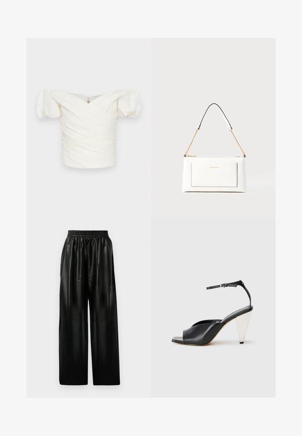 White off-the-shoulder blouse with puff sleeves, featuring ruched fabric and a crossover design at the front. Smooth texture, minimal detailing.; Black leather wide-leg pants with an elastic waistband, featuring two side pockets and a smooth, shiny texture.; Black leather high heel sandal with open toe, asymmetrical design, ankle strap, and a metallic cone-shaped heel. Smooth texture throughout.; White leather handbag with a textured finish, featuring a gold chain strap and black accents. Includes a front pocket and zipper closure.