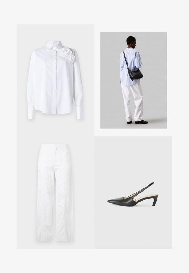 Λευκό πουκάμισο με κουμπιά από βαμβάκι. Διαθέτει ανοιχτό γιακά και τρία υφασμάτινα λουλούδια με υφή στον αριστερό ώμο. Μακριά μανίκια.; Λευκά παντελόνια με φαρδιά γραμμή, κατασκευασμένα από ελαφρύ ύφασμα, με απλή υφή, καθαρές γραμμές και ψηλή ζώνη.; Μαύρο παπούτσι slingback με αιχμηρή μύτη και χαμηλό τακούνι, κατασκευασμένο από λείο δέρμα με σχέδιο κοπής στη πλευρά για αερισμό.; Μαύρη δερμάτινη τσάντα ώμου με απαλή υφή, τριγωνικό σχήμα και ρυθμιζόμενο λουρί, συνδυασμένη με ένα ανοιχτό μπλε ριγέ πουκάμισο και λευκό παντελόνι.