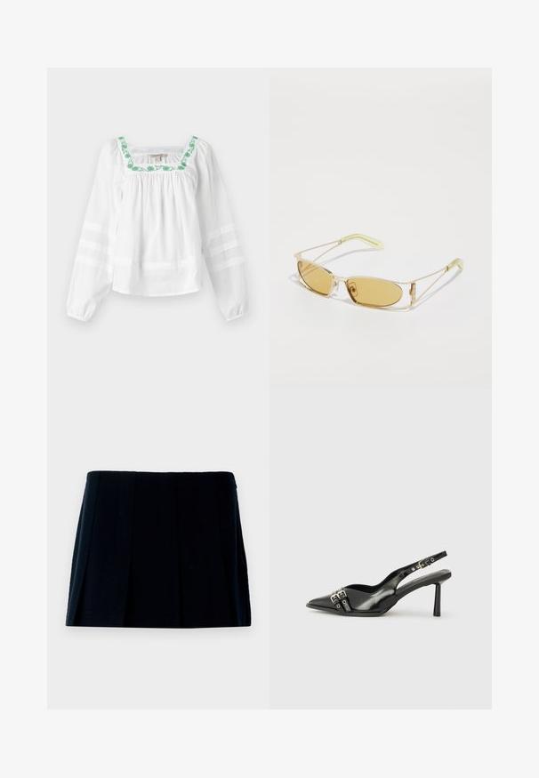Bílá blůza se čtvercovým výstřihem, s zelenou květinovou výšivkou podél límce. Dlouhé rukávy mají průhledné horizontální pruhy.; Černá plisovaná mini sukně vyrobená z látky. Má rovný pas a více vertikálních záhybů pro tvar a strukturu.; Černá lakovaná slingback obuv s špičatou špičkou, kotníkovými pásky s kovovými sponami a příslušenstvím, a štíhlým podpatkem.; Sluneční brýle se žlutým nádechem, s průhledným zlatým rámem, štíhlým obdélníkovým tvarem a úhlovými nohami s světle zelenými akcenty.; Černá taška přes rameno s hladkým nylonovým povrchem, dlouhými koženými popruhy, odnímatelným ramenním popruhem a zlatou logovanou destičkou.; Černé džínové bezprstové rukavice s texturovaným povrchem, s uzávěrem na patentku a otevřenou kapsou v oblasti zápěstí.