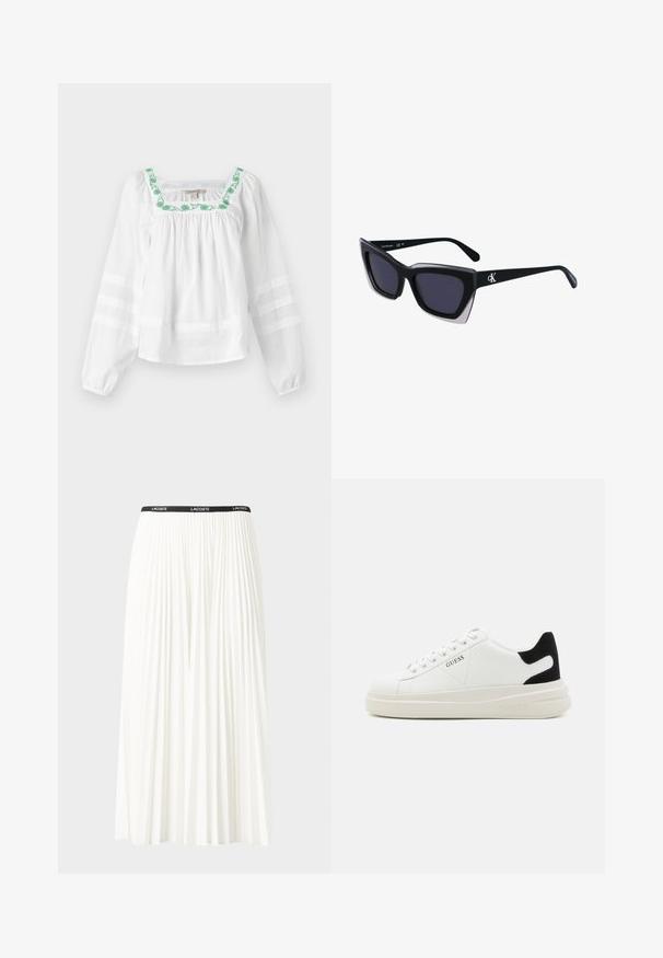 Fehér blúz négyzet alakú nyakkivágással, zöld virágos hímzéssel a gallér mentén. A hosszú ujjak átlátszó vízszintes csíkokkal díszítettek.; Plisszírozott fehér szoknya fekete elasztikus derékkal, amelyen a "LACOSTE" logó található. Középhosszú kialakítás, puha tapintással.; Fehér bőr sportcipők vastag fehér talppal, fekete velúr sarokpikkelyel és dombornyomott logóval az oldalon. Fűzős kialakítás, hat fűzőlyukkal.; Fekete, nagyméretű napszemüveg geometrikus formával, sötét lencsékkel és kontrasztos szürke részlettel a kereten. Logó a szárán.