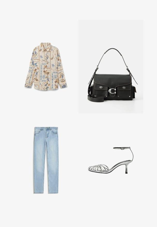 Langsleeve shirt gemaakt van crèmekleurige stof, met een blauw en bruin bloemenpatroon met vierkante accenten. Voorzien van een knoopsluiting en kraagdesign.; Lichtblauwe denim jeans met rechte pijpen, vijf zakken, stiksels accenten en knoopsluiting. Enige vervaging aan de voorkant.; Zilveren, strapless sandaal met een lage hak, voorzien van meerdere kruislings straps, een enkelbandje met een gesp en een gladde, glanzende textuur.; Zwarte leren handtas met een klep-sluiting, zilverkleurige hardware, twee voorzakken, contrasterende stiksels en een afneembare schouderriem.