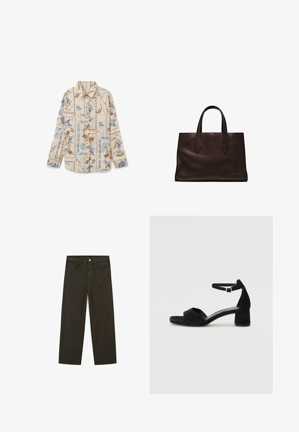 Long-sleeve shirt in cream fabric, featuring a blue and brown floral pattern with square accents. Button-down front and collar design.; Dark green wide-leg jeans made of cotton blend, featuring a front button closure, five pockets, and classic denim stitching.; Black suede heeled sandals with a thin ankle strap, open toe design, and a modest block heel. Smooth texture and minimal accents.; Brown leather tote bag with two elongated handles, structured rectangular shape, smooth texture, and subtle stitching details.