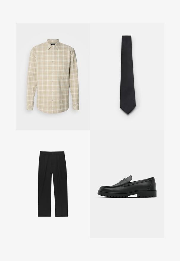 Mads Nørgaard ALASKA CHECK SUNE SHIRT - Hemd - vanilla ice/silver sage; Schwarze Hose mit geradem Schnitt, aus einem glatten Stoff gefertigt. Verfügt über Vorderfalten und einen einzelnen Knopfverschluss an der Taille.; Schwarze Lederloafer mit runder Zehenform, ausgestattet mit einem gesteppten Design, niedrigem Plattformsohle und einer strukturierten, genoppten Gummisohle.; Schmale schwarze Krawatte mit einem strukturierten, diagonalen Rippmuster. Verfügt über eine spitze Spitze und eine glatte Oberfläche. Geeignet für formelle Anlässe.; Schwarze Duffel-Tasche aus strukturiertem Kunstmaterial. Verfügt über zwei Griffe und einen verstellbaren Schultergurt. Einfaches Design ohne sichtbare Muster.