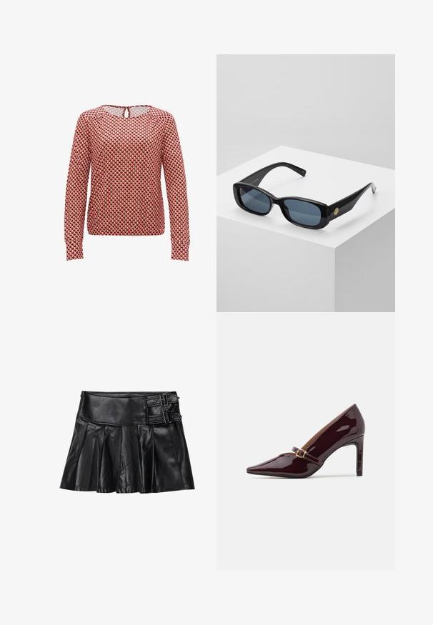 Long-sleeve blouse featuring a geometric pattern in red, black, and cream, with a round neckline and a back keyhole detail. Made of lightweight fabric.; Black leather skirt with pleats, wide waistband, and two buckle accents on the side. Smooth texture with a glossy finish.; Patent burgundy high heel shoe with pointed toe, ankle strap featuring gold hardware, and a sleek, polished finish. Elevated stiletto heel.; Black rectangular sunglasses with tinted blue lenses, thick frames, and a gold circular accent on the side. Sleek, shiny finish.; Burgundy handbag made of synthetic material with a structured design, featuring a detachable strap and a floral-patterned scarf tied to the handle.