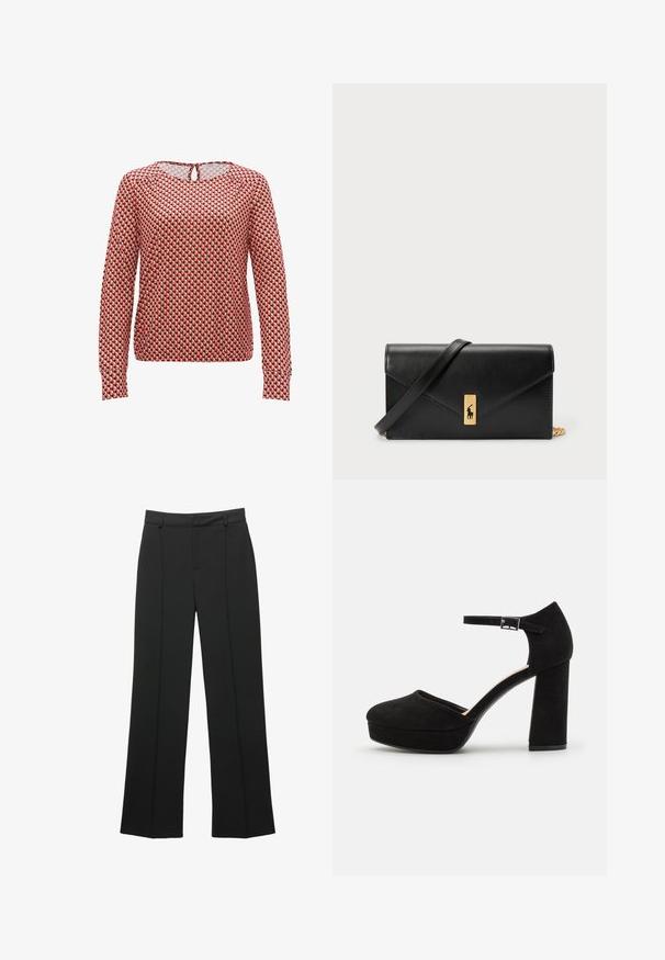 Langarmblouse met een geometrisch patroon in rood, zwart en crème, met een ronde halslijn en een schlüssellochtdetail op de rug. Gemaakt van lichtgewicht stof.; Zwarte hoge taille wijde broek met riemlussen en een detail met verticale naad, gepresenteerd op een witte achtergrond.; Zwarte suède plateauhakken met een dikke blokhak, ronde neus en enkelbandje dat is beveiligd met een metalen gesp. Zachte textuur overal.; Zwarte leren portemonnee met een opklapbare flap, gouden hardware en een logo-accent. Inclusief een afneembare strap voor het dragen.