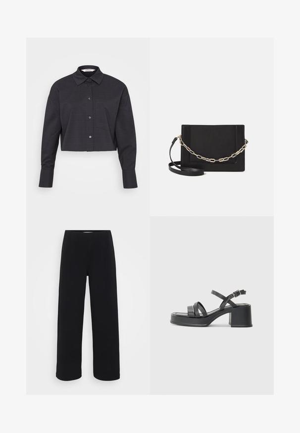Kuttet svart rutete skjorte laget av vevd stoff, med knappestolpe foran, lange ermer og brystlomme.; Svart bukser med vid benvidde og elastisk midjebånd. Laget av et strukturert materiale, med en løs passform og rett snitt fra hoftene til sømmen.; Sorte hæle sandaler med flere smalle stropper og rund tå. Hælen er blokformet med en glat overflade. Justerbar spænde lukning.; Svart lær crossbody-veske med glatt tekstur, rektangulær form og metallkjede detaljer på framsiden. Justerbar stroppe inkludert.