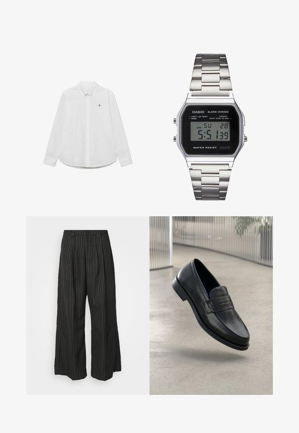Les Deux OXFORD - Camisa - white; Calças largas de risca preta com pregas, apresentando um design ajustado e uma textura suave. Sem ferragens ou detalhes visíveis.; Sapato mocassim preto em couro com textura lisa, biqueira pontiaguda e uma tira decorativa transversal no peito do pé. Sola leve, design minimalista.; Relógio digital Casio com mostrador preto, bracelete de aço inoxidável prateado, caixa retangular e botões para luz, reinício de volta e ajustes de modo.