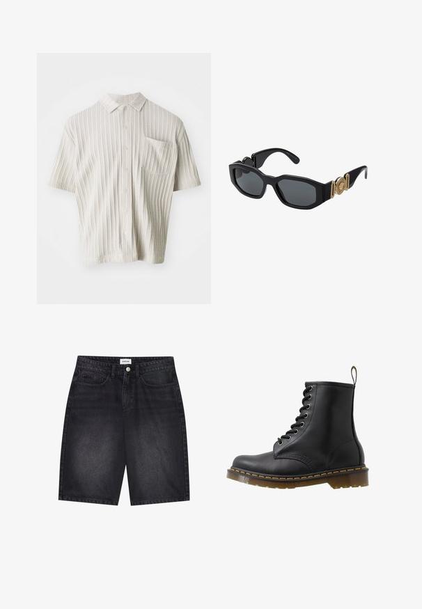 Chemise à manches courtes, beige clair, avec un col, texture à côtes verticales, cinq boutons et une poche poitrine.; Shorts en denim noir au design classique. Comprend cinq poches, une fermeture à bouton à l'avant et des détails de couture. Texture lisse et coupe droite.; Bottine noire en cuir avec bout rond, design à lacets œillets, surpiqûres orange et semelle épaisse translucide. Tirant à l'arrière.; Lunettes de soleil noires avec une monture géométrique épaisse, des verres sombres et des accents métalliques dorés sur les branches, comportant un détail d'emblème rond.