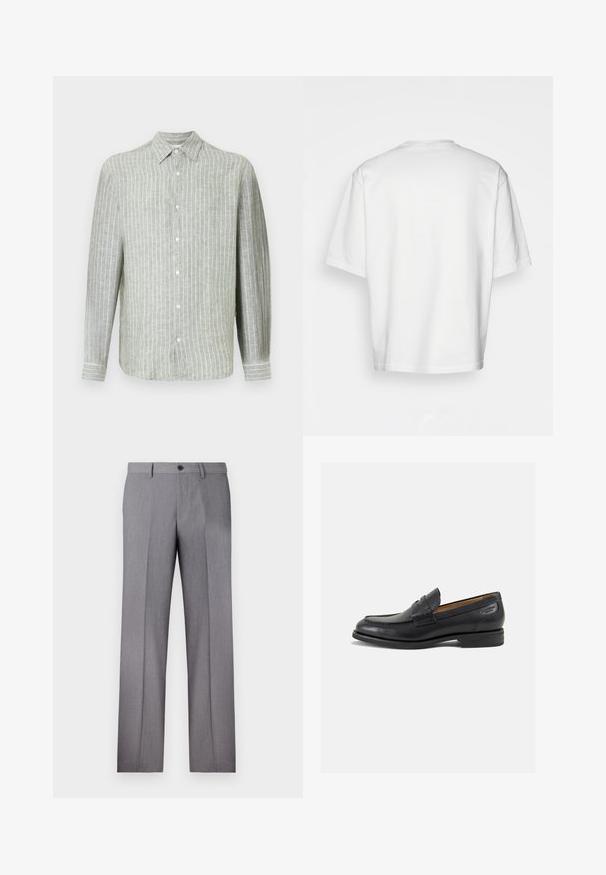 Jasnozielona, w paski, długo rękawowa koszula wykonana z lnu. Posiada kołnierzyk, zapięcie na guziki z przodu oraz subtelne pionowe paski dla tekstury.; Biała, krótkiego rękawa koszulka, luźny krój, okrągły dekolt, gładki bawełniany materiał, nieozdobione plecy, prosta linia dołu, bez wzorów ani akcentów.; Szare dopasowane spodnie z płaskim przodem, dwoma bocznymi kieszeniami i pojedynczym zapięciem na guzik. Gładka faktura z delikatnym wzorem w prążek.; Czarne skórzane mokasyny o gładkim wykończeniu, zaokrąglonym nosku i dekoracyjnym przeszyciu na cholewce. Niski, warstwowy obcas i delikatny połysk.