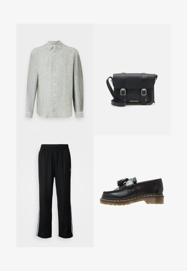 Helles grün gestreiftes Langarmhemd aus Leinen. Verfügt über einen kragenförmigen Ausschnitt, eine vordere Knopfverschluss und feine vertikale Streifen für eine strukturierte Optik.; Schwarze Sporthosen mit elastischem Bund, ausgestattet mit weißen Seitenstreifen und einem kleinen Logo. Das Material wirkt weich und leicht.; Schwarze Lederloafer mit strukturiertem Finish, ausgestattet mit einer dekorativen Quaste und kontrastierenden gelben Nähten, auf einer klobigen, transparenten Sohle.; Schwarze Leder-Crossbody-Tasche mit Klappe, zwei silbernen Schnallen, gelben Nähten und einem verstellbaren Tragegurt. Hat eine glatte Textur und ein kompaktes Design.