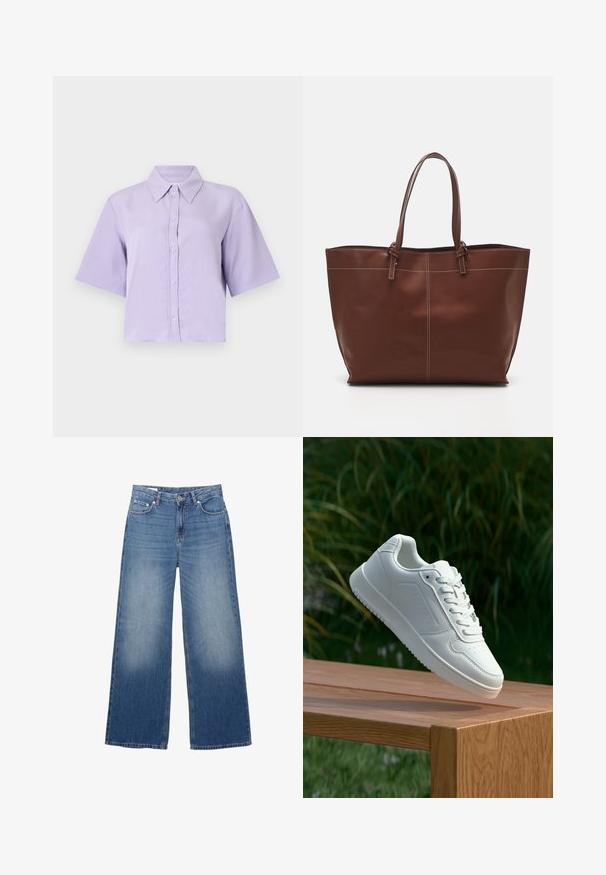 Krótki rękaw, skrócona koszula w jasnym lawendowym kolorze, z odstającym kołnierzykiem, z przodu zapięcie na guziki oraz gładką, lekką teksturą materiału.; Szerokie, jasnoniebieskie dżinsy z efektownym przetarciem, pięć kieszeni i zapięcie na guzik w talii. Materiał bawełniany, prosty krój.; Biały sneaker z gładką syntetyczną cholewą, perforowanym noskiem, płaskimi sznurowadłami i teksturowaną podeszwą, wyeksponowany na drewnianej powierzchni.; Brązowa skórzana torba na ramię z podwójnymi uchwytami, charakteryzująca się kontrastowym przeszyciem i przestronnym designem, idealna do codziennego użytku.