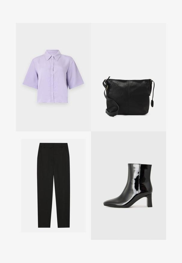 Short-sleeve, cropped shirt in light lavender with a pointed collar, front button closure, and smooth, lightweight fabric texture.; Black trousers with a tailored design, featuring side pockets and a straight leg. Made from smooth, lightweight fabric with a sleek finish.; Black patent leather ankle boot with a pointed toe and a mid-height block heel. Smooth texture and minimalist design.; Black leather crossbody bag with a flat shape, gold hardware accents, and an adjustable strap. Smooth texture with minimal stitching details.