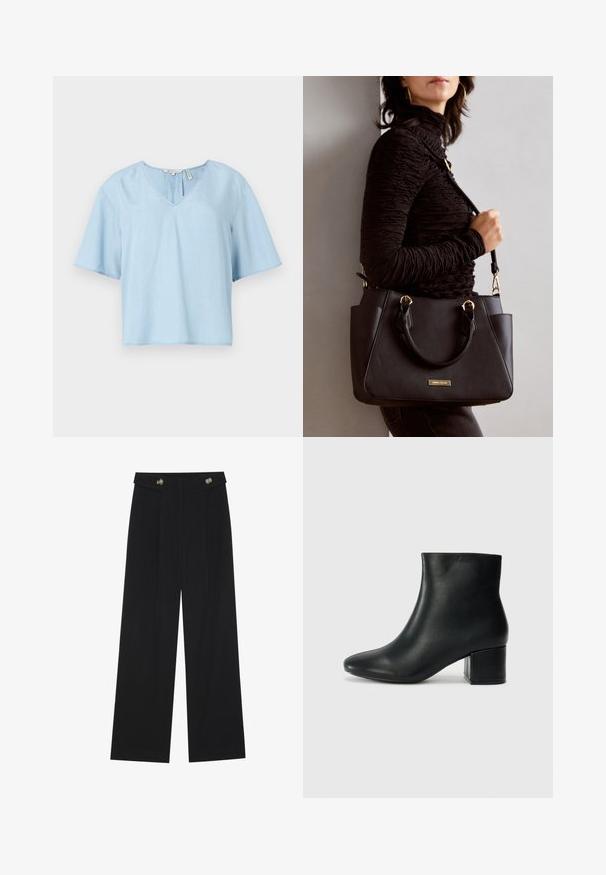 Top de mangas curtas azul claro, feito de tecido macio. Apresenta um design em V, forma relaxada e costura visível na bainha.; Calças largas pretas com cintura alta, detalhes em botão na cintura e pregas frontais.; Botas de tornozelo em pele preta com bico pontiagudo e um salto robusto. Textura suave com acentos mínimos e um design ajustado e elegante.; Bolsa preta com superfície texturizada, alças superiores duplas e alça de ombro ajustável. Apresenta ferragens em tom dourado e bolsos laterais.