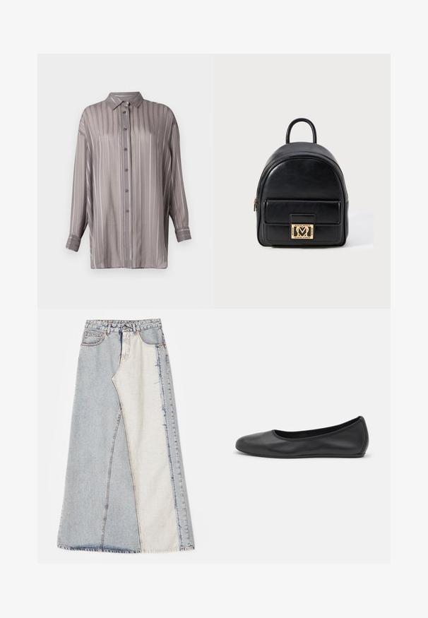 Jasnoszara koszula z guzikami, z pionowymi paskami, długimi rękawami i kołnierzykiem. Wykonana z gładkiego, nieco przezroczystego materiału.; Spódnica dżinsowa z wzorem patchworkowym z jasnoniebieskimi i średnioniebieskimi sekcjami, postrzępionymi brzegami i wysokim stanem. Klasyczny fason z pięcioma kieszeniami.; Czarne skórzane baletki z zaokrąglonym noskiem, gładką fakturą, minimalnymi przeszyciami i elastycznym designem podeszwy.; Czarny skórzany mini plecak z przednią kieszenią na zamek i złotą plakietką z logo Love Moschino na białym tle.