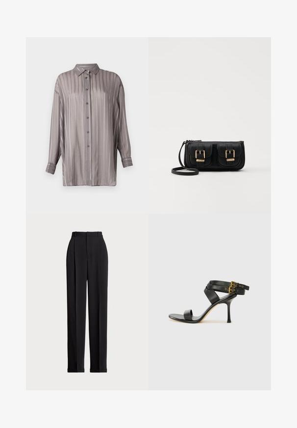 Lys grå skjorte med knapper og lodrette striber, lange ærmer og krave. Lavet af et glat, let gennemsigtigt stof.; Sorte skrædderbukser med høj talje, der har folder fortil, en lige benlængde og ombukket kant. Lavet af glat stof.; Sort hæl-sandal med krydsede stropper og justerbar spænde. Har en glat overflade og spids stilettohæl.; Sort læder crossbody taske med to frontlommer, guldspænder, lynlåslukning og en slank rem. Struktureret overflade og kompakt rektangulær form.