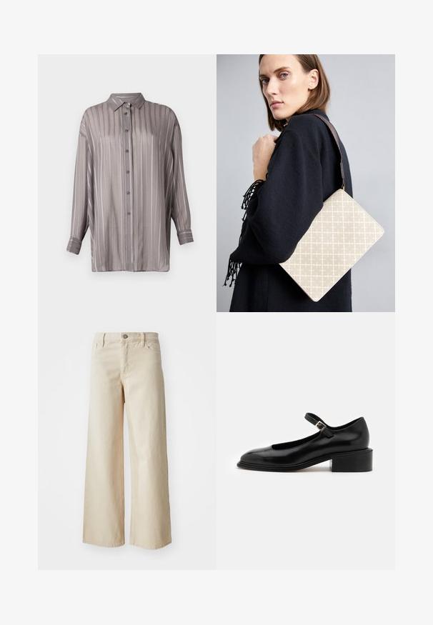 Lys grå skjorte med knapper, vertikale striper, lange ermer og krage. Laget av et glatt, litt gjennomsiktig stoff.; Beige vide benbukser laget av denim, med høy midje, knappelukking, beltehemper og sidelommer. Glatt tekstur og avslappet passform.; Souliers Martinez PENELOPE - Høye hæler - black; Beige mønstret skulderveske med en strukturert form, som har en brun teksturert stropp. Båret av en modell mot en grå bakgrunn.