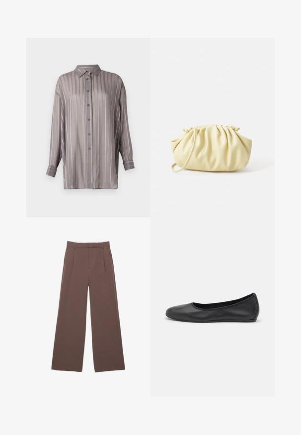 Svetlošedá košeľa na gombíky s vertikálnymi prúžkami, dlhými rukávmi a golierom. Vyrobená z hladkej, trochu priesvitnej tkaniny.; Široké nohavice z pevnej hnedej látky s hladkou textúrou, prednými záhybmi a prispôsobeným pásom. Žiadne viditeľné logo ani vzory.; Čierne kožené baleríny s okrúhlou špičkou, hladkým povrchom, minimálnym prešívaním a flexibilným dizajnom podrážky.; Žltá skladaná kabelka vyrobená z hladkej eko kože, s jemným tvarom, jedným ramenným popruhom a zhrnutým vrchom.