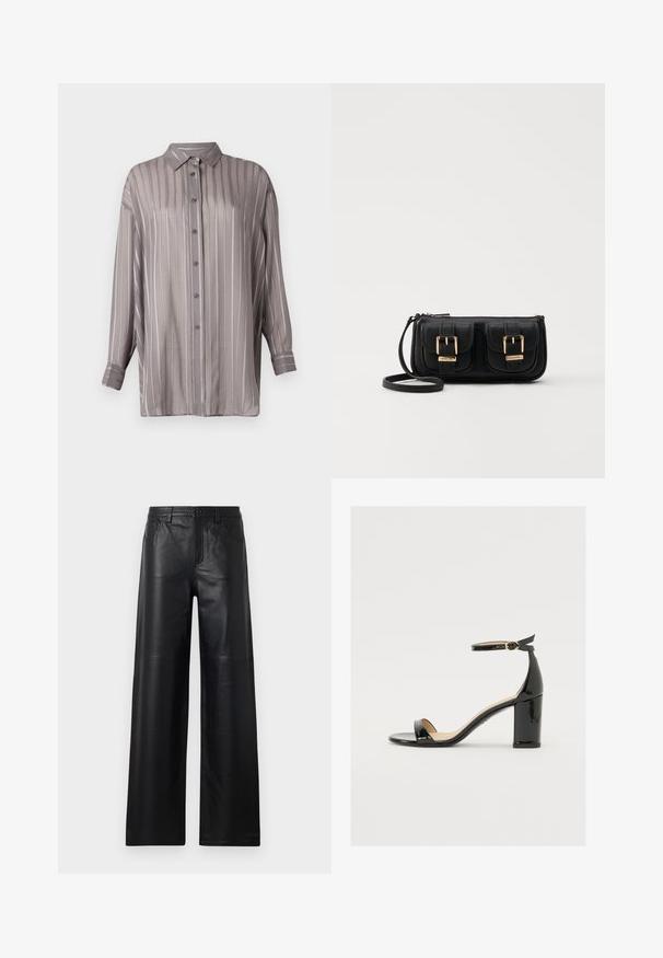 Light gray button-up shirt with vertical stripes, long sleeves, and a collar. Made of a smooth, slightly sheer fabric.; Wide-leg black leather pants with a smooth texture, featuring front pockets, a button closure, and subtle stitching details.; Black patent leather sandal with a wide heel, open toe, and ankle strap featuring a gold buckle. Smooth texture and sleek design.; Black leather crossbody bag with two front pockets, gold buckles, zipper closure, and a slim strap. Textured surface and compact rectangular shape.