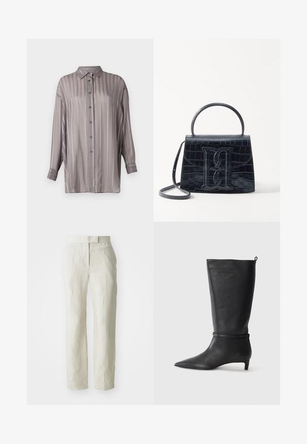 Camicia grigia chiara con righe verticali, maniche lunghe e colletto. Realizzata in un tessuto liscio e leggermente trasparente.; Pantaloni in lino bianco con una vestibilità su misura, caratterizzati da una vita piatta e gambe dritte. Texture liscia con lievi dettagli di pieghe.; Stivale in pelle nera alta fino al ginocchio con punta affusolata, adornato da una fascia circolare attorno alla caviglia e un tacco basso e conico. Texture liscia.; Borsa in pelle nera con incisione a forma di coccodrillo, dal design strutturato, dotata di manico superiore, tracolla regolabile e un evidente dettaglio logo frontale.