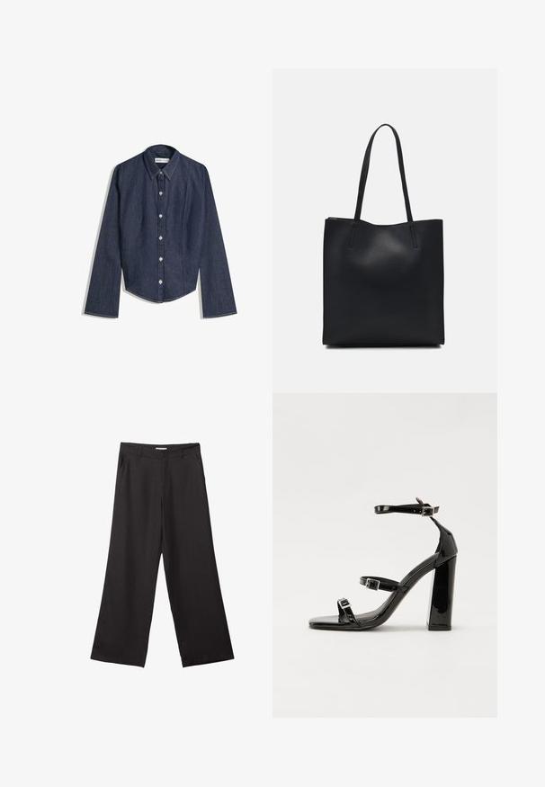 Tmavě modrá džínová košile s dlouhými rukávy, špičatým límcem a rovnými lemy. Obsahuje přední zapínání na knoflíky a kontrastní prošití.; Černé široké kalhoty vyrobené z hladké tkaniny, s předním zipem a dvěma bočními kapsami, s dobře padnoucím střihem a minimalistickým designem.; Černé lakované sandály na podpatku se čtveratou špičkou, lýtkovými pásky a stříbrnými přezkami. Disponují masivním blokovým podpatkem pro stabilitu.; Černá kožená taška přes rameno s hladkým povrchem, obdélníkovým tvarem a dvěma dlouhými uchy. Žádné viditelné kování ani ozdoby.