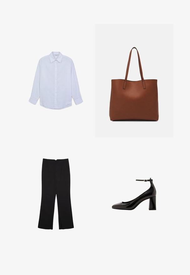 White button-up shirt in lightweight fabric, featuring a classic collar, long sleeves, and a curved hem. Buttons along the front.; Black trousers with a straight fit, featuring front pockets and side slits at the hem. Made of soft, smooth fabric. Suitable for various occasions.; Black patent leather ankle strap pump with a glossy finish, pointed toe, and a thick block heel. Smooth texture, minimal detailing.; Brown leather tote bag with a smooth texture, open top design, and two shoulder straps. Features minimal stitching and no visible hardware.