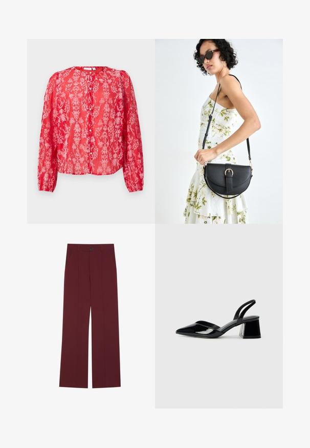 Blusa floral vermelha feita de tecido transparente, com mangas longas, decote redondo e fecho de botão; apresenta padrões florais em rosa por toda a peça.; Calças bordô com um design de perna larga, apresentando fecho de botão, dois bolsos laterais e detalhes pregueados na parte da frente. Textura de tecido suave.; Sandy em verniz preto com salto slingback, ponta afilada e salto geométrico. Apresenta um design elegante e minimalista com textura suave.; Bolsa de couro preta com forma curva, alça destacável e detalhes em dourado. A bolsa possui uma aba com detalhe de fivela.