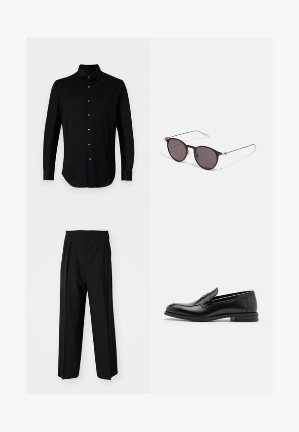 Camicia nera a maniche lunghe con colletto a punta e polsini con bottone su sfondo bianco uniforme.; Pantaloni neri a pieghe con un design dritto e gamba larga. Realizzati in tessuto morbido, con chiusura a bottone e passanti per cintura.; Mocassini neri in pelle con una texture liscia, punta arrotondata e una striscia decorativa sulla tomaia. Tacco basso impilato, design minimalista.; Occhiali da sole neri rotondi con lenti scure e sottili bracci in metallo. Include punte trasparenti e accenti argentati alla cerniera. Design minimalista.