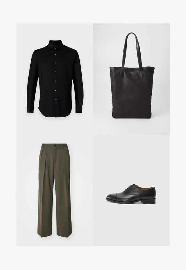 Camisa preta de manga longa com botão e colarinho pontudo, com punhos abotoados, em fundo branco liso.; Filippa K WIDE TROUSERS - Calças - driftwood; Sapato de pele preto com acabamento suave, bico redondeado, cinco ilhó para atacadores e salto baixo em bloco. Design minimalista com costura subtil.; Saco de lona preto com alças de couro pretas. Design simples, corpo espaçoso e textura suave. Sem logótipos ou padrões visíveis.
