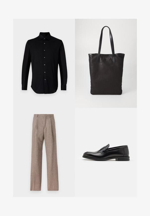 Černá košile s dlouhým rukávem, knoflíkovým zapínáním a špičatým límcem, s knoflíkovými manžetami na bílém pozadí.; Hnědé kalhoty s vysokým pasem vyrobené z texturované látky. Mají široké nohavice a dva přední sklady pro strukturu. Úhledné provedení bez viditelné kovových částí.; Černé kožené polobotky s hladkou texturou, zaoblenou špičkou a zdobným páskem přes nárt. Nízký stohovaný podpatek, minimalistický design.; Černá plátěná taška s černými koženými uchy. Jednoduchý design, prostorné tělo a hladký povrch. Žádné viditelné loga ani vzory.