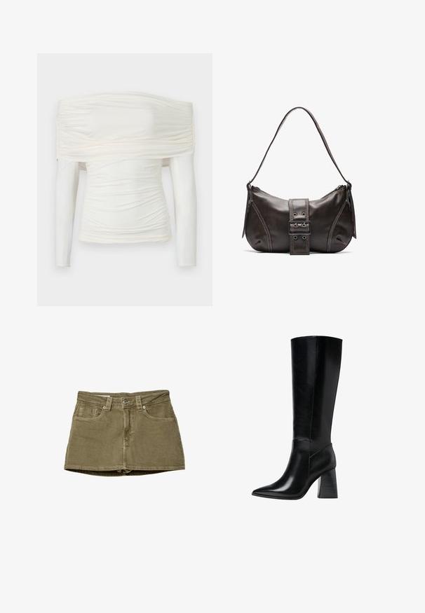 Off-the-shoulder, long-sleeve top in off-white. Ruched design with smooth, stretchy fabric. Features textured gathering at neck and sides.; Olive green denim mini skirt with front pockets, straight cut, and button closure. Soft texture with visible stitching details.; Knee-high black leather boots with a pointed toe, smooth texture, and a chunky ridged heel for stability. Sleek design with minimal accents.; Brown leather shoulder bag with a curved shape, featuring a prominent buckle detail, contrasting stitching, and a single shoulder strap.