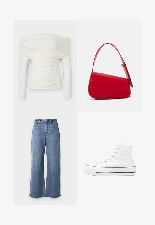 Off-the-shoulder, long-sleeve top in off-white. Ruched design with smooth, stretchy fabric. Features textured gathering at neck and sides.; Wide-leg blue denim jeans with a frayed hem, featuring a front zipper closure, two pockets, and a light wash texture.; White high-top canvas sneaker with black rubber sole, front rubber toe cap, and six eyelets for laces, featuring a clean, minimalist design.; Red leather handbag with an angular, geometric design. Features a single adjustable strap and a flap closure with stitched detailing.