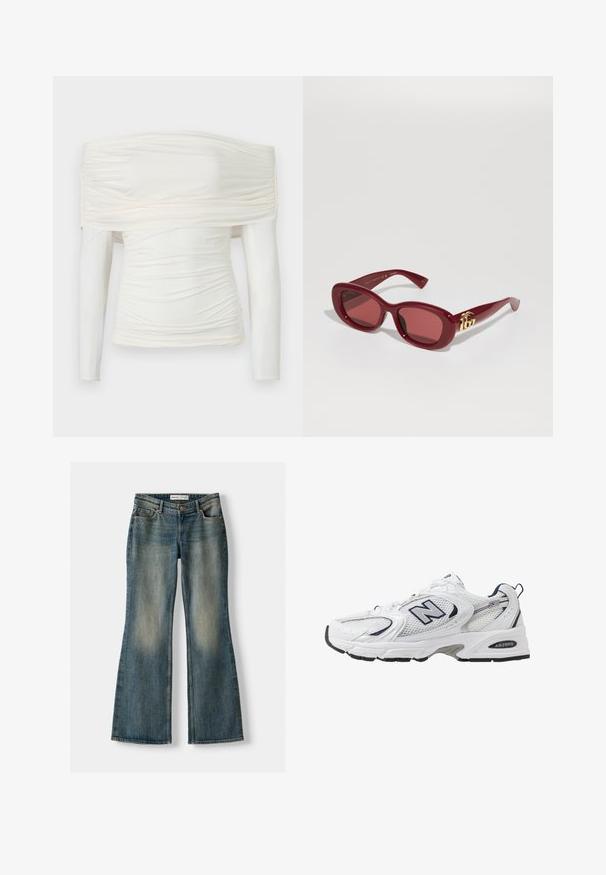 Bluzka na ramiączkach, z długim rękawem w kolorze ecru. Fason marszczony z gładkiego, elastycznego materiału. Posiada fakturowane marszczenia przy szyi i po bokach.; Niebieskie dżinsy w fasonie dzwonów z wyblakłym wykończeniem, pięcioma kieszeniami i zapięciem na guzik. Materiał ma fakturę dżinsu z subtelnymi detalami szycia.; Białe sportowe buty z siateczkową cholewką, granatowymi akcentami i wyściełaną podeszwą. Posiadają logo "N", sznurówki oraz teksturowany detal po boku.; Czerwone plastikowe okulary przeciwsłoneczne o prostokątnych oprawkach, przyciemnionych soczewkach i złotym akcentem logo na zausznikach. Gładkie, błyszczące wykończenie.