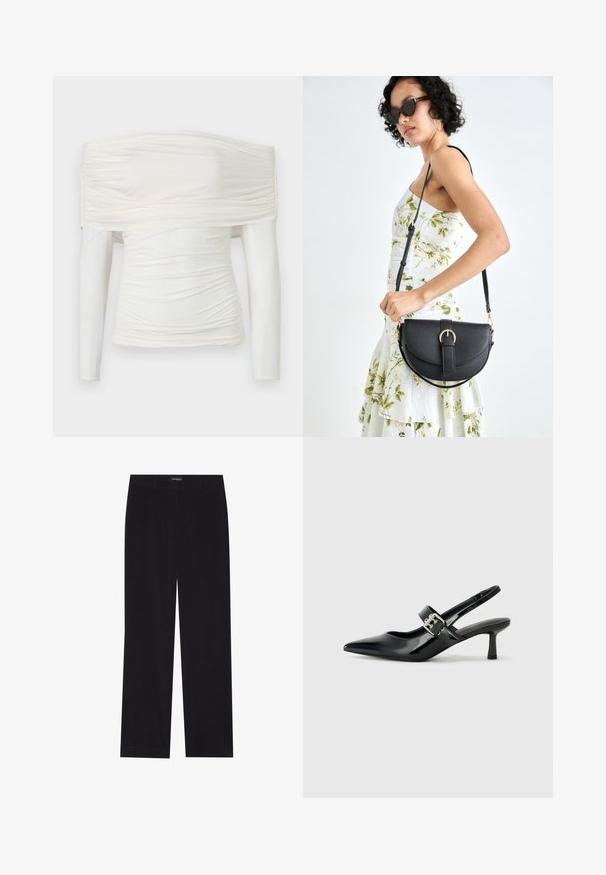 Off-the-shoulder, long-sleeve top in off-white. Ruched design with smooth, stretchy fabric. Features textured gathering at neck and sides.; Black corduroy trousers with a straight cut, featuring a flat waistband and no visible pockets, smooth texture, and vertical ribbing detail.; Black patent leather slingback heels with a pointed toe and a small block heel, featuring a silver buckle accent on the strap.; Black leather handbag with a curved shape, detachable strap, and gold hardware. The bag features a flap with a buckle detail.