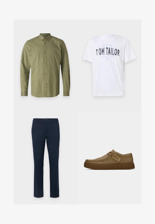 Vihreä pitkähihaisia paita, jossa on kauluksen päällä oleva kaulus, jossa on valkoinen plus-merkki kuvio ja ruskeat napit edessä. Sujuva pinta.; Valkoinen puuvillainen t-paita, jossa on pyöreä kaula-aukko ja lyhyet hihat. Sisältää sinisiä ja mustia painettuja tekstejä: "TOM TAILOR", "HAVANAN KADUT" ja numeroita.; Tummansinisiä chino-housuja, jotka on valmistettu pehmeästä kankaasta. Suora lahjemuotoilu, jossa on yksittäinen nappi kiinnitys ja vyölenkit. Ei näkyviä kuvioita tai yksityiskohtia.; Vaaleanruskeat mokkakengät, joissa on pyöreä kärki, ommeltuja yksityiskohtia ja uritettu ruskea kumipohja. Kengissä on myös sivulappu, jossa on "Clarks"-logo.