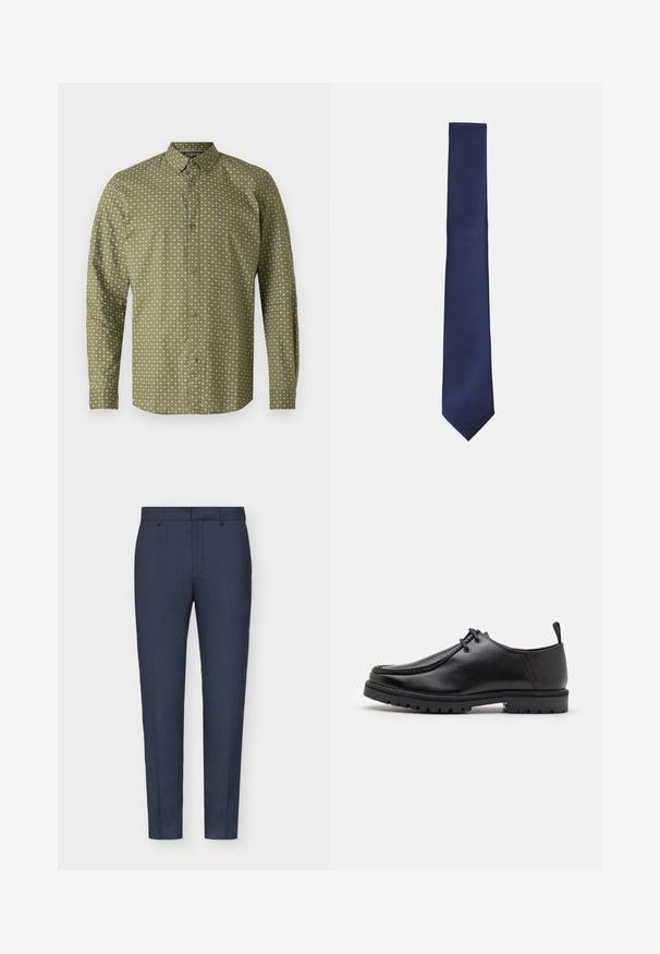 Zeleni dolg rokav s ovratnikom, ki vsebuje vzorec belega plusa in rjave gumbe spredaj. Gladka tekstura.; Temno modri srajčni hlače z gladko teksturo, ozkega kroja, s centralno pregibo in zankami za pas. Tkanina vsebuje subtilen tkani vzorec.; Črne usnjene čevlje na vezanje z robustnim podplatom in zanko na peti, prikazani s strani na beli podlagi.; Modra kravata z teksturiranim diagonalnim rebrastim vzorcem. Ima koničast vrh in eleganten, ozek oblik. Narejena iz gladkega blaga.