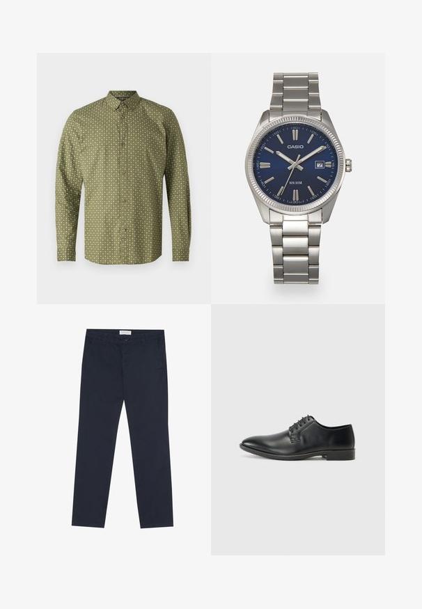 Camicia verde a maniche lunghe con colletto, presenta un motivo a croce bianca e bottoni marroni lungo la parte anteriore. Texture liscia.; Chino blu navy in cotone con una texture liscia, dotati di zip, passanti per la cintura e tasche laterali per funzionalità.; Scarpe in pelle nera con lacci, dalla finitura liscia, con punta affusolata e tacco basso a blocco. Presentano cinque paia di occhielli per i lacci.; Orologio da polso in acciaio inossidabile argento con quadrante blu navy, indici metallici e finestra della data alle 3. Resistente all'acqua fino a 50 metri.