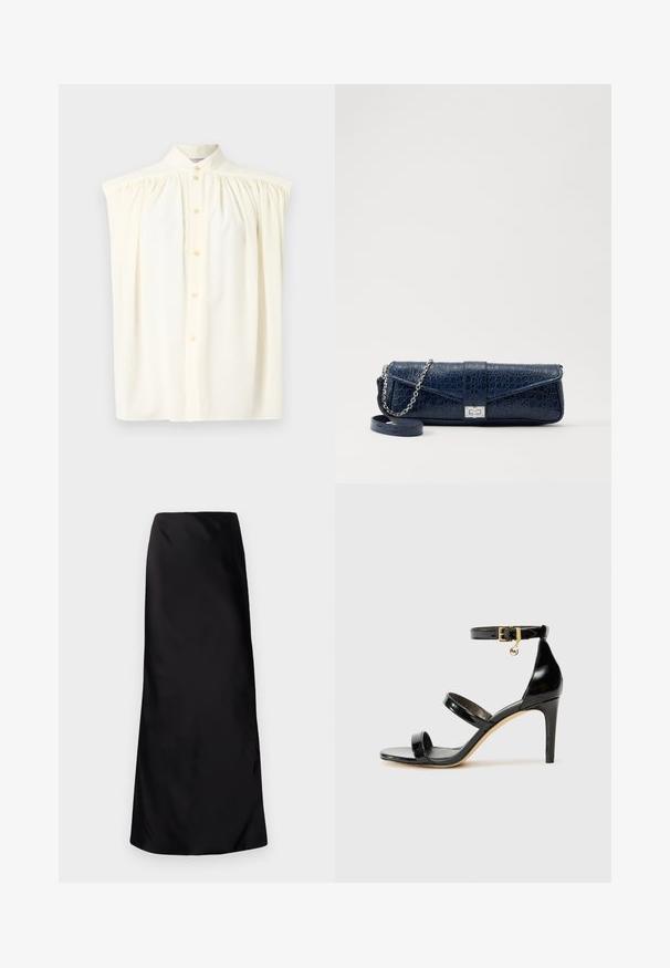 Blusa senza maniche color crema con collo alto, chiusura a bottoni e dettagli arricciati sulle spalle. Tessuto dalla texture liscia.; Norma Kamali BIAS OBIE SKIRT - Gonna lunga - black; Sandalo in pelle verniciata nera con tre cinturini, fibbia alla caviglia e tacco a stiletto di 10 cm. Presenta dettagli in hardware dorato e un charm con logo.; Clutch in pelle blu navy con texture a coccodrillo, tracolla in catena argentata e chiusura metallica. Forma rettangolare con design pieghevole.