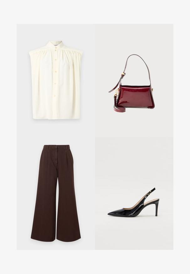Krémszínű, ujjatlan blúz magas nyakkal, gombos záródással és redőzött részletekkel a vállaknál. Simább anyagtextúra.; Magas derekú, bő szárú barna nadrág gombos és cipzáras záródással, övhurkokkal és elülső pliszékkel.; Fekete lakk bőr kötött magassarkú cipő, hegyes orral és karcsú sarokkal, finom kivágásos dizájnnal. Az övön arany csatt található.; Burgundi színű patent bőr táska, strukturált designnal, tetején cipzáros záródással és leválasztható vállpánttal. Aranyszínű fém kiegészítők.