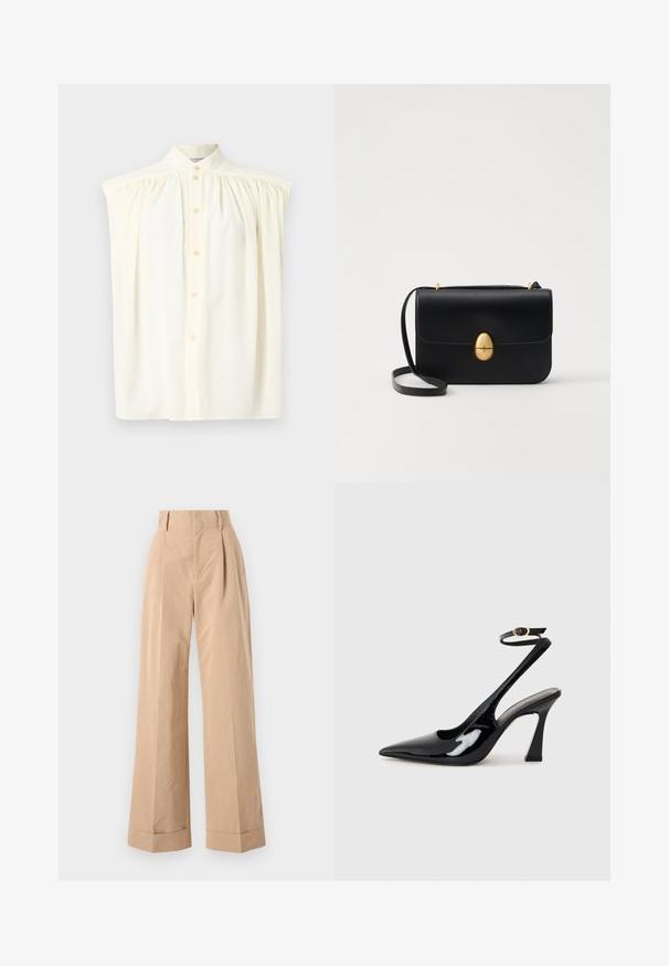 Cream-colored sleeveless blouse with a high neck, button closure, and gathered detailing on the shoulders. Smooth fabric texture.; Beige wide-leg trousers with a high waist, featuring pleats and a smooth texture. The cuffs are folded, adding structured detail.; Black patent leather slingback high heels with a pointed toe, adjustable ankle strap, and a moderate block heel. Smooth texture with glossy finish.; Black leather handbag with a structured rectangular shape. Features a golden oval clasp and a thin shoulder strap. Smooth texture.