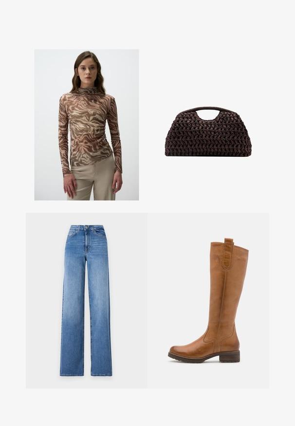 Langärmliges Oberteil aus durchscheinendem Stoff mit einem braun-beigen abstrakten Muster und feinen Glitzerpartikeln sowie einem hohen Kragen.; Helleblaue, weit geschnittene Jeans aus Denim mit hoher Taille, Vorderaschen und einem normalen Knopfverschluss. Glatte Textur.; Anna Field LEATHER - Stiefel - cognac; Geflochtener brauner Handtasche mit runder Silhouette, ausgestattet mit einem oberen Griff und strukturierten Oberfläche. Kompaktes Design mit flachem Boden für Stabilität.