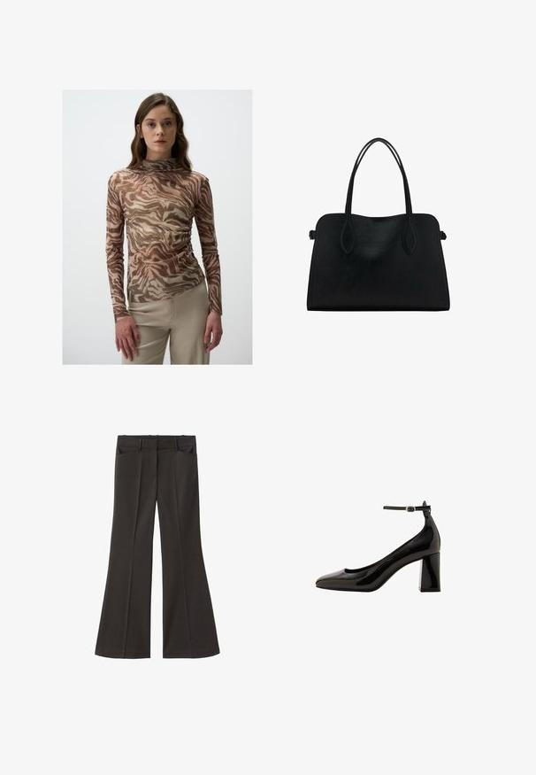 Haut à manches longues en tissu transparent avec un motif abstrait marron et beige, orné de légers paillettes, et au design col montant.; Pantalons évasés noirs à taille haute ; dotés de deux poches avant et d'une texture de tissu lisse. Adaptés à diverses occasions.; Pompe à talon bloc en cuir verni noir avec une finition brillante, un bout pointu et une large bride à la cheville. Texture lisse, minimalisme dans les détails.; Sac à main en cuir noir avec deux anses, de forme rectangulaire et au design minimaliste sur un fond blanc.