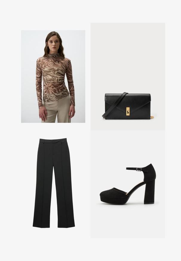 Długi rękaw bluzka z przezroczystego materiału z brązowym i beżowym abstrakcyjnym wzorem z delikatnymi połyskami oraz wysokim dekoltem.; Czarne spodnie z wysokim stanem i szerokimi nogawkami, z pętelkami na pasek oraz detalem w postaci szwu z przodu, prezentowane na białym tle.; Czarne zamszowe szpilki na platformie z grubym słupkowym obcasem, zaokrąglonym noskiem i paskiem wokół kostki zabezpieczonym metalowym klamrem. Gładka faktura na całej powierzchni.; Czarny skórzany portfel z klapą, złotą okuciami, z akcentem logo. Zawiera odpinany pasek do noszenia.
