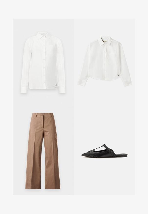 Weiße Langarmbluse mit Button-Down-Kragen, einer einzelnen Brusttasche und einem subtil strukturierten Stoff. Mit schwarzem gesticktem Logo-Detail.; Weißes, kurzes Langarmhemd aus Baumwolle. Verfügt über eine durchgehende Knopfleiste, eine Brusttasche und ein kleines schwarzes Logo unten links.; Braune weite Hose aus einem glatten Stoff, mit einem Knopfverschluss vorne, zwei Fronttaschen und klaren, maßgeschneiderten Linien.; Schwarzer Leder-Slingback-Schuh mit spitzem Zehenbereich, ausgestattet mit einem geflochtenen Akzent und einem gefalteten Oberdesign. Flache Sohle mit minimalem Zubehör.