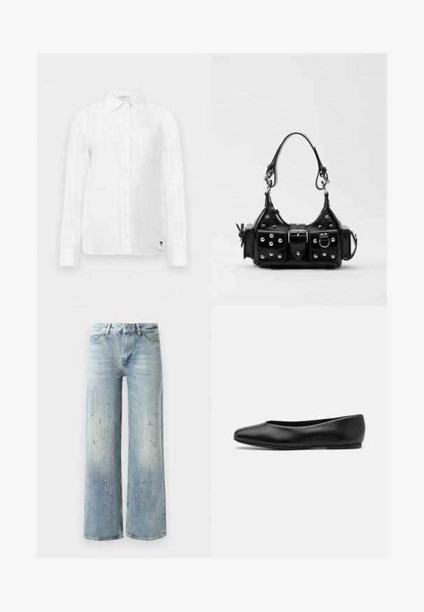 Valkoinen pitkähihaine paita, jossa on napillinen kaulus, yksi rintatasku ja hienovarainen teksturoitu kangas. Sisältää mustan brodeeratun logotiedoston.; Vaaleansiniset väljät farkut, joissa on denimiä, gradientoiva väriefekti ja hopeisten strassikivien koristelu pystysuoralla kuviolla.; Paul Smith TOPANGA - Ballerinat - black; Musta nahkainen käsilaukku, jossa on kaareva muotoilu, hopeiset niitit, solki ja kaksi sivutaskua. Säädettävä olkahihna erilaisiin kantovaihtoehtoihin.