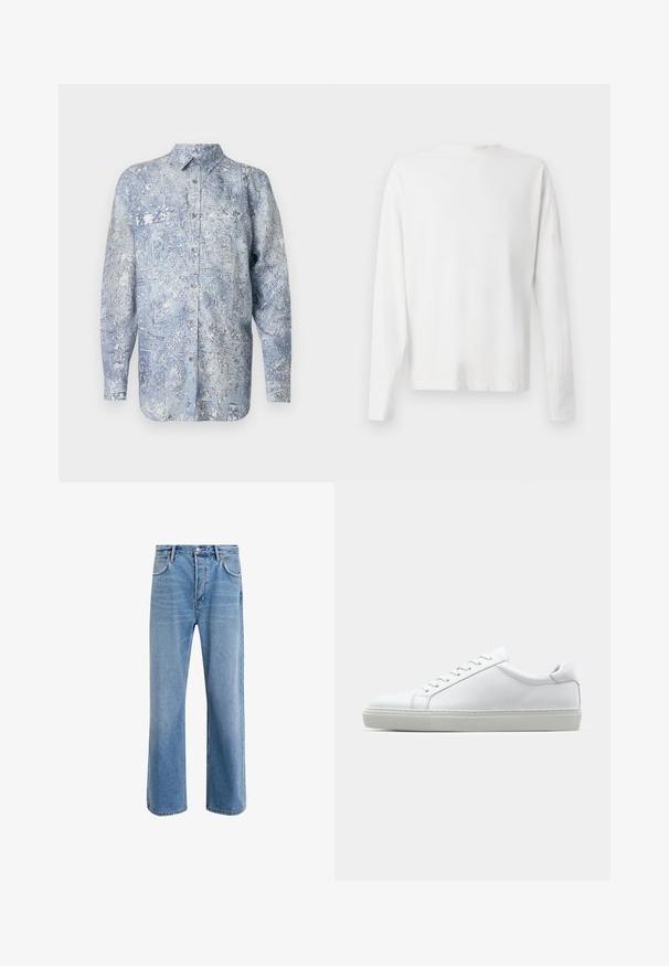 Μπλε τζιν πουκάμισο με λουλουδάτο μοτίβο, μακριά μανίκια, γιακά και μπροστινής τσέπης. Κλείνει με λαμπερούς ασημένιους κουμπιά. Λείο υλικό.; Λευκό βαμβακερό πουκάμισο μακρυμάνικο με στρογγυλή λαιμόκοψη, πλαϊνές σχισμές στο κάτω μέρος και λεία υφή, εμφανιζόμενο από πίσω.; Ανοιχτό μπλε τζιν παντελόνι με ευθεία γραμμή, πέντε τσέπες, κλείσιμο με κουμπί, ελάχιστη φθορά και αντίθετες ραφές.; Λευκό αθλητικό παπούτσι με άνω μέρος από λείο δέρμα και χαμηλό προφίλ. Διαθέτει στρογγυλεμένη μύτη, έξι τρυπούλες και υφασμένη καουτσούκ σόλα.